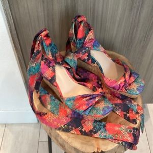 Impo wedge sandal with ankle wrap. Size 9.5, 3.6 inch heel with .75” platform.